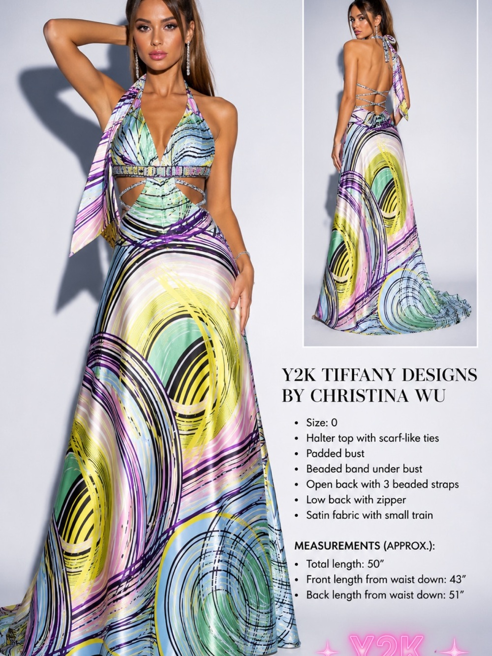 Tiffany Designs Multicolor Halter Maxi Dress with Scarf Tie